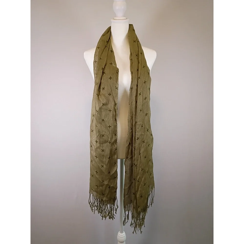 Boho Cottagecore Old Navy Women One Size Olive Green Floral Clover Fringe Scarf